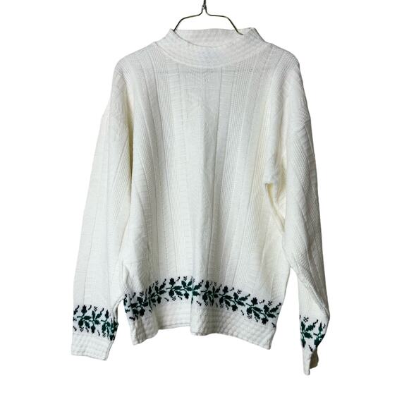 American Pride VINTAGE 80s‎ 90s White green Ivy Detail mock neck Sweater MEDIUM - Picture 1 of 4